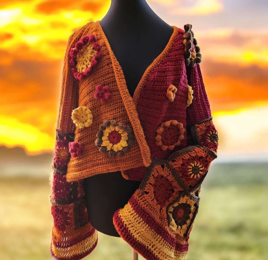 hand crocheted flower crop sweater with bell sleeves